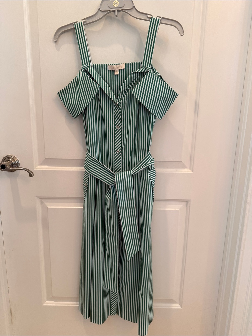 Etcetera Green and White Striped Button Front Dress